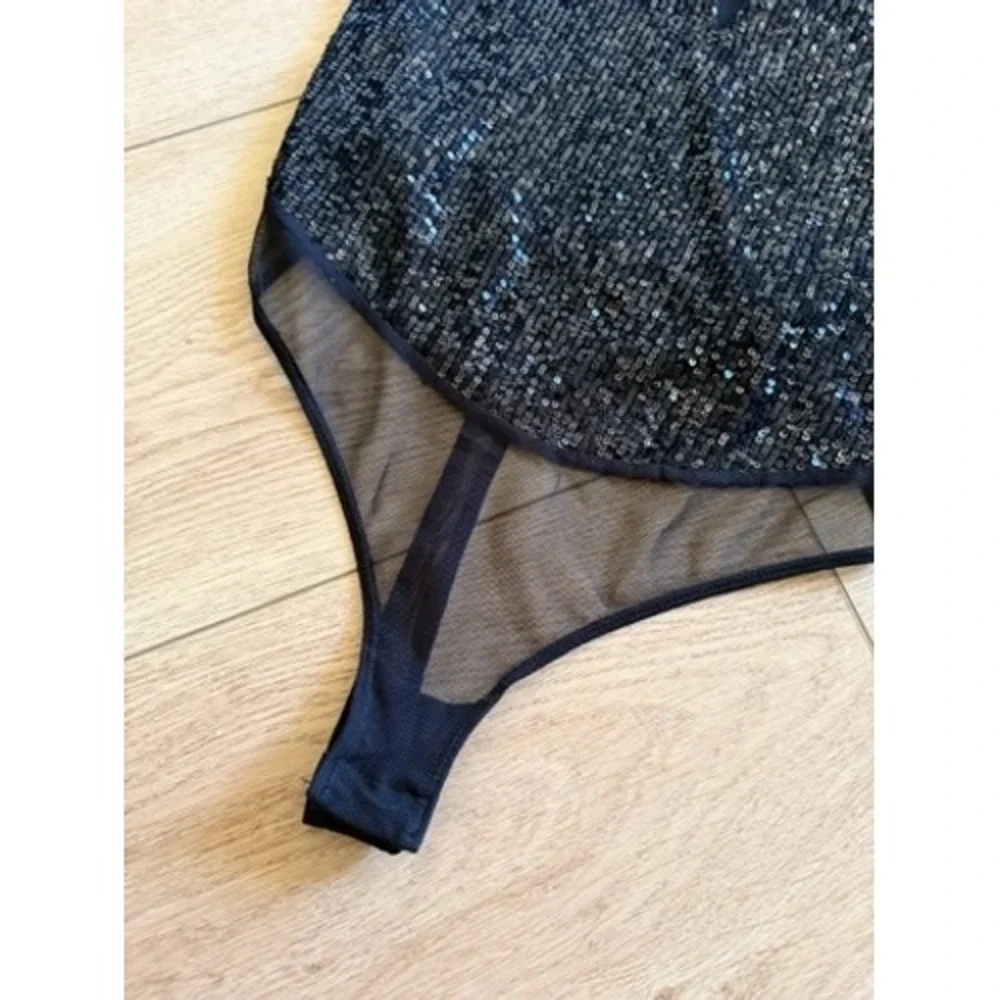 Free People Black Sparks Fly Sequin‎ Bodysuit Sequin V-Neck Thong Sm Straps x123